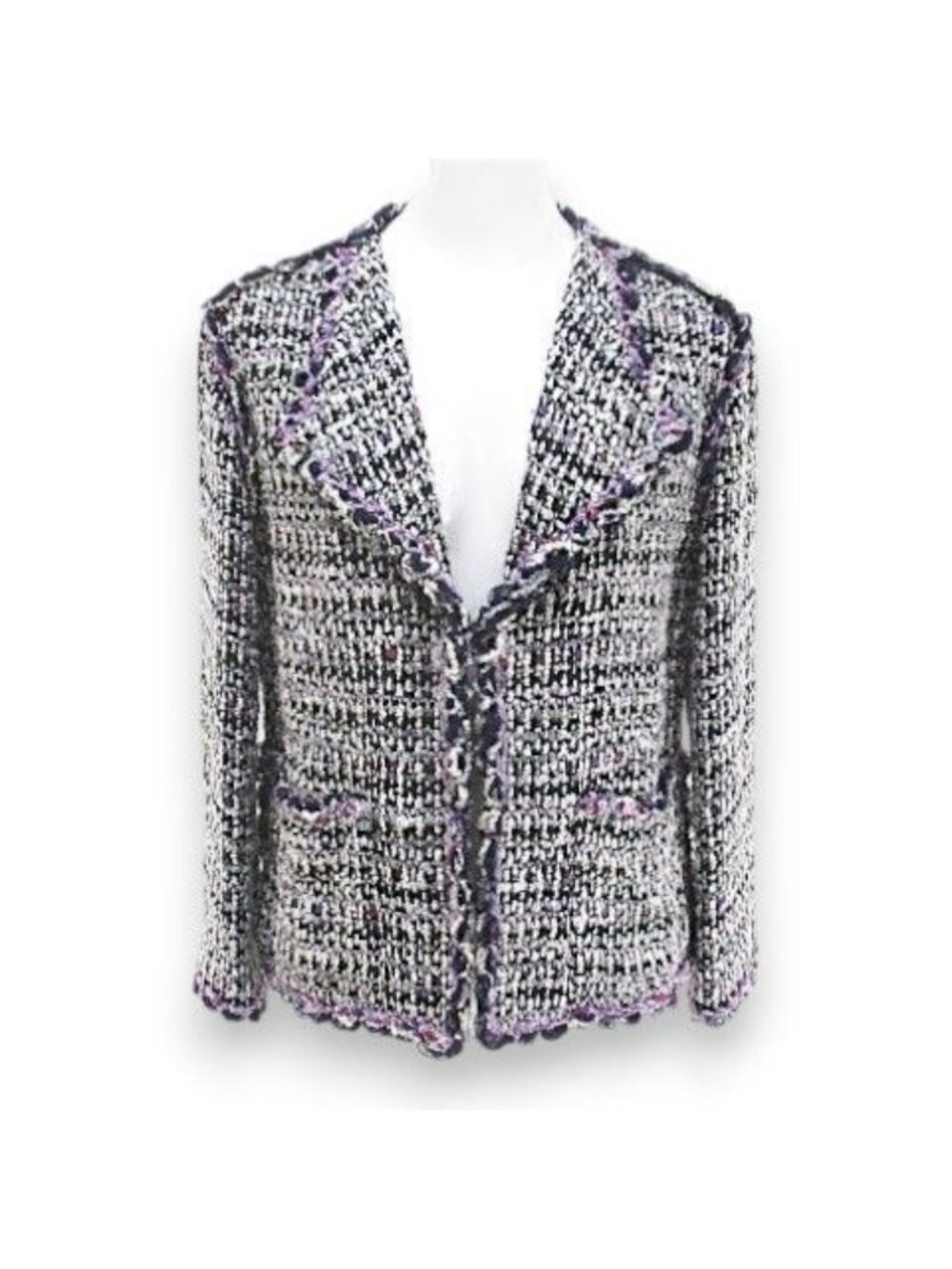 Chanel Tweed Jacket CC Mark CC Logo Silk 34 Purple Hook Hair Lining